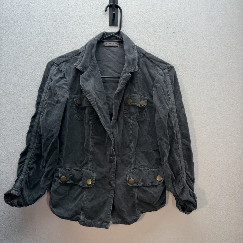 XCVI Wearables Gray Corduroy Jacket Size S Ruched Cropped Y2k Grunge Button Up